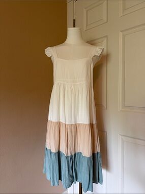 Ultra Soft Tiered Colorblock Midi Dress in Cream, Blush & Teal